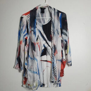 Ali Miles Blouse Size Small Colorful Abstract Art to Wear Gauzy Crinkle Top Chic